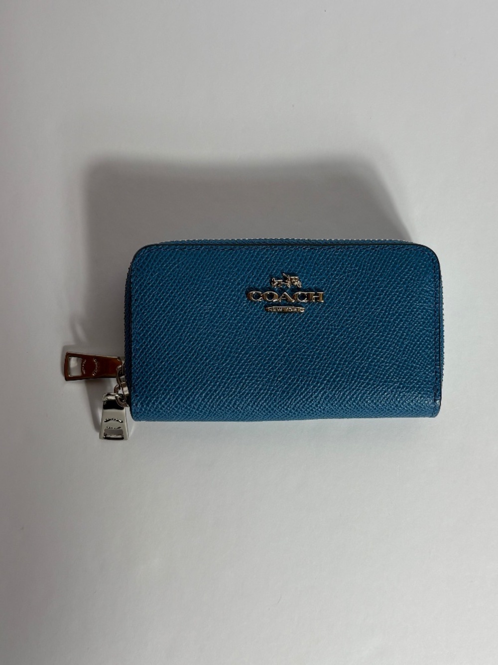 Coach Pebble Leather Accordion Zip Around Coin Purse Wallet Blue Pebbled Zipper
